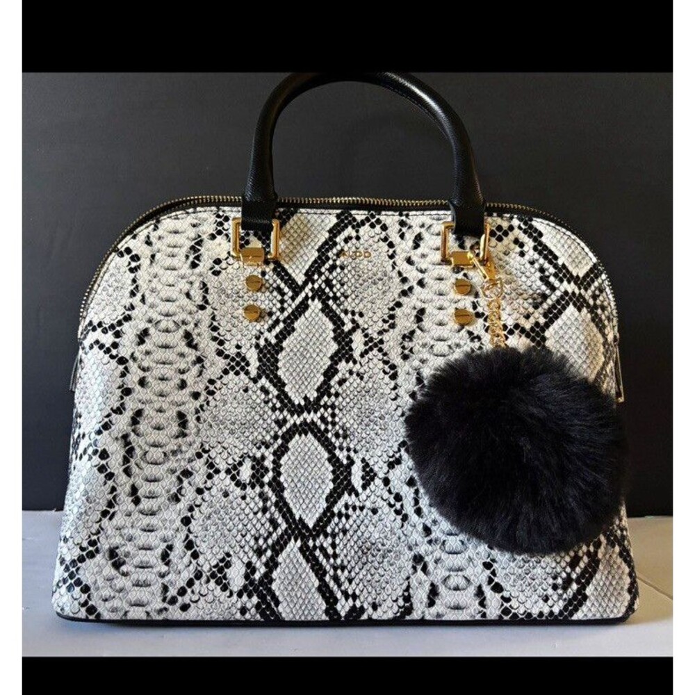 Aldo Women's Black/White Snakeskin Animal Print Satchel Top Handle Zip Pom Charm